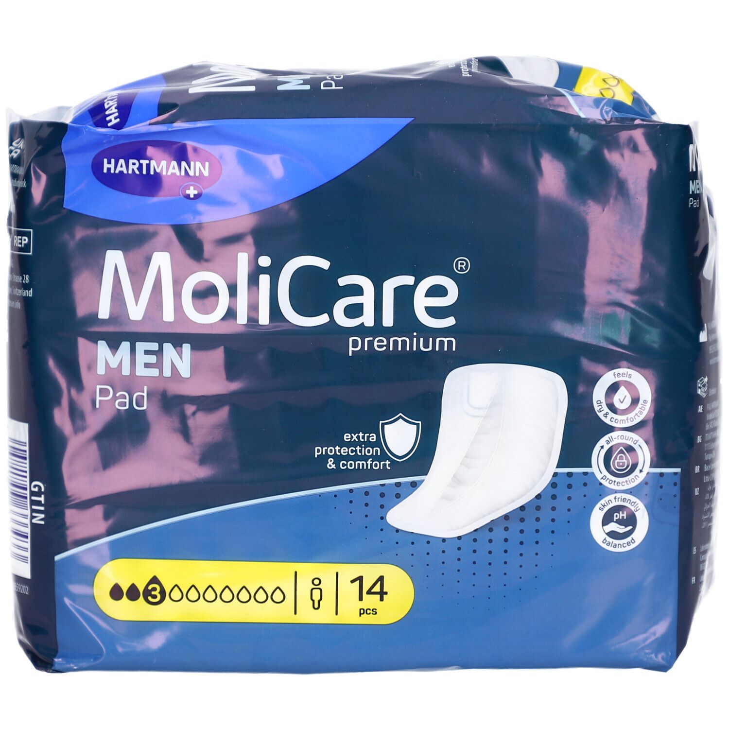 Paquet MoliCare MEN Pad. Emballage bleu avec image du produit et logo. 14 pièces. Indication de protection et confort.