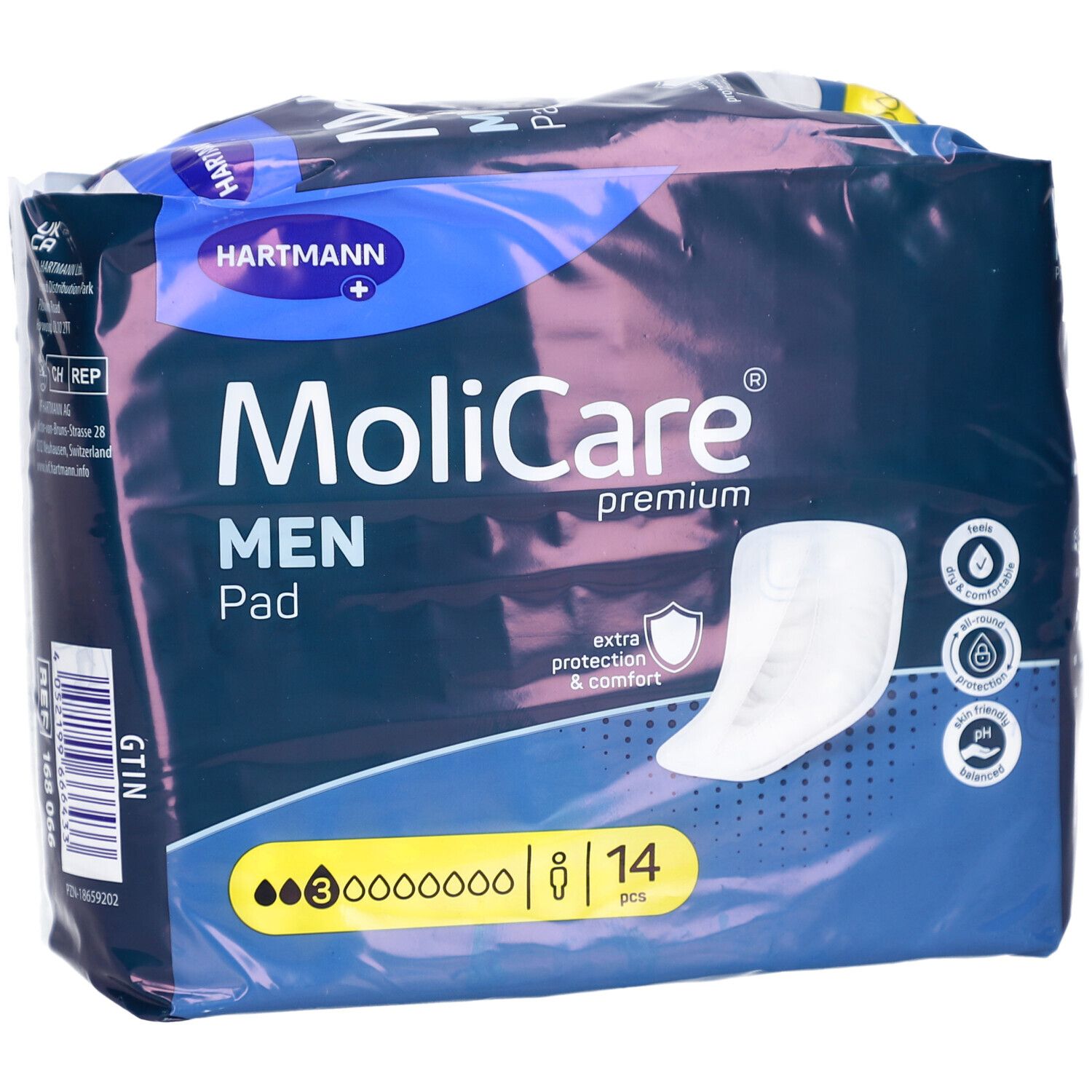 Paquet MoliCare MEN Pad. Emballage bleu avec image du produit et logo. 14 pièces. Indication de protection et confort.
