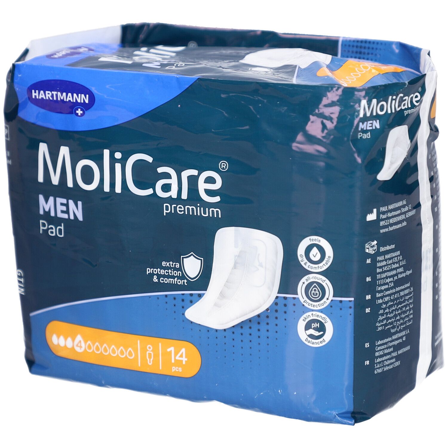Verpackung MoliCare Men Pad. Blaue Verpackung mit Produktabbildung. Enthält 14 Stück. Marke Hartmann.