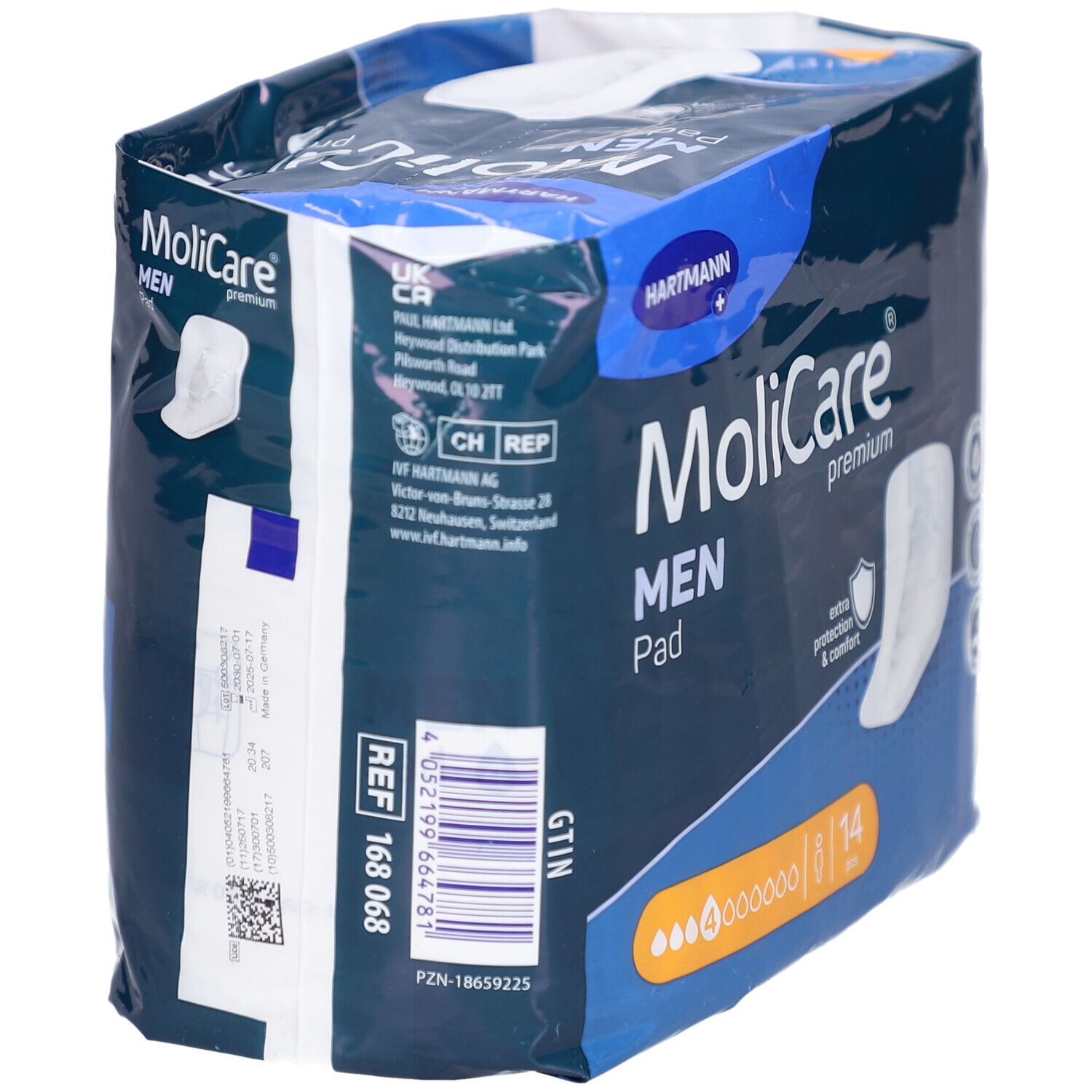 Rückseite der MoliCare Men Pad Verpackung. Blaue Verpackung mit Produktinformationen und Barcode. Marke Hartmann.