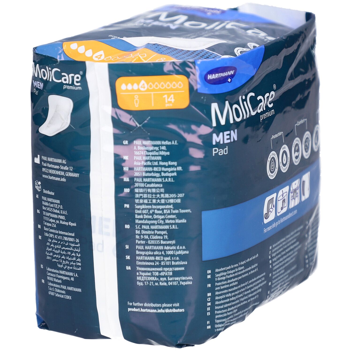 Rückseite der MoliCare Men Pad Verpackung. Blaue Verpackung mit Produktinformationen und Piktogrammen. Marke Hartmann.