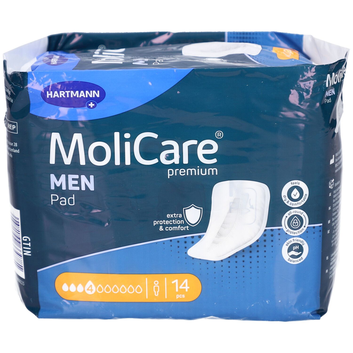 Vorderseite der MoliCare Men Pad Verpackung. Blaue Verpackung mit Produktabbildung und Logo. Enthält 14 Stück. Marke Hartmann.