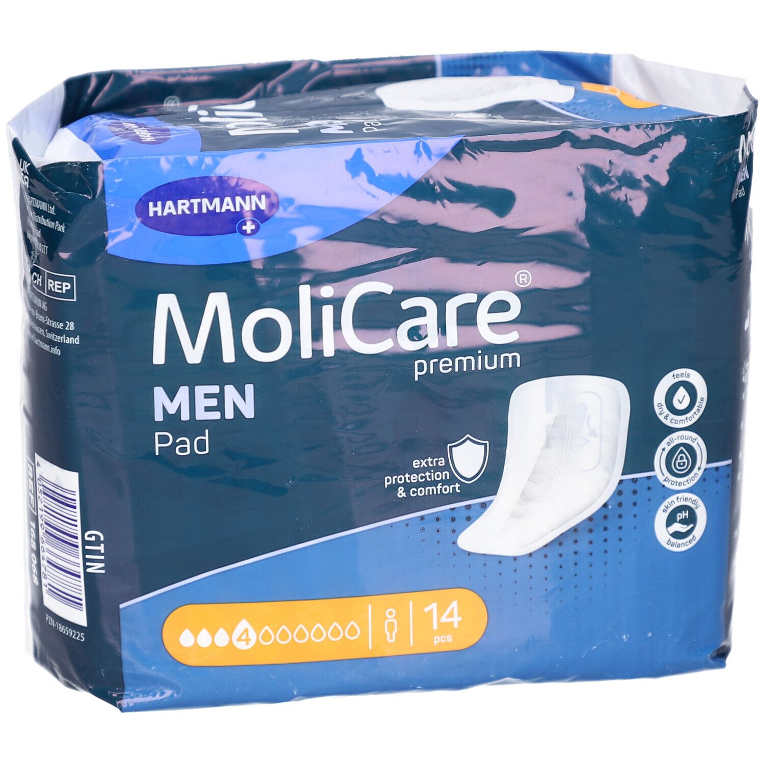 Vorderseite der MoliCare Men Pad Verpackung. Blaue Verpackung mit Produktabbildung und Logo. Enthält 14 Stück. Marke Hartmann.