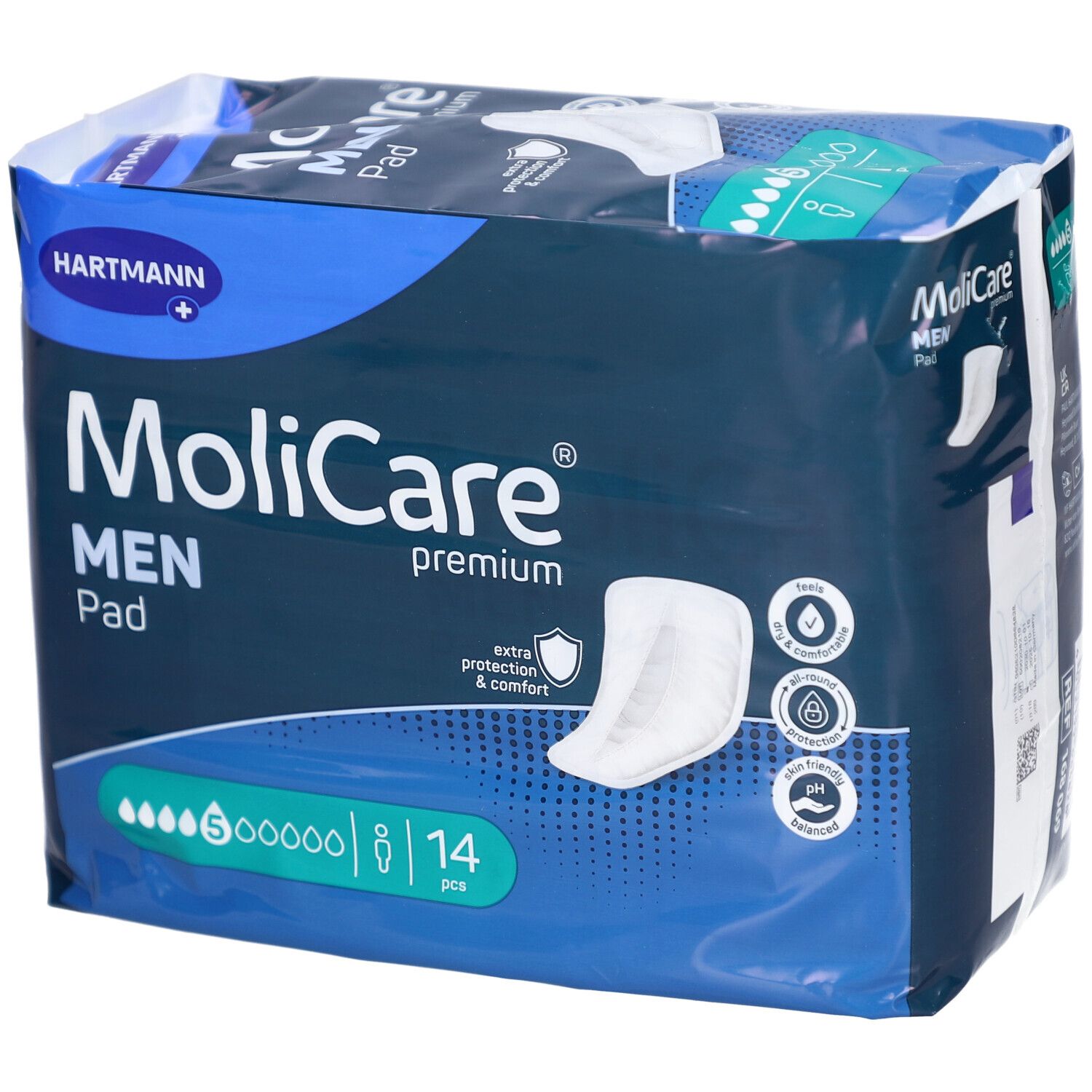 Paquet de Hartmann MoliCare Men Pad. Emballage bleu avec nom du produit, logo et illustration. 14 pièces.