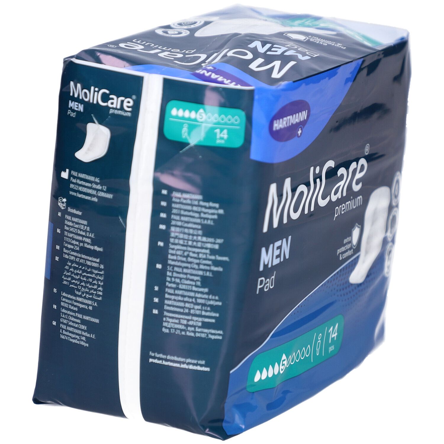 Paquet Hartmann MoliCare Men Pad. Emballage bleu avec nom et logo. 14 pièces. Vue latérale.