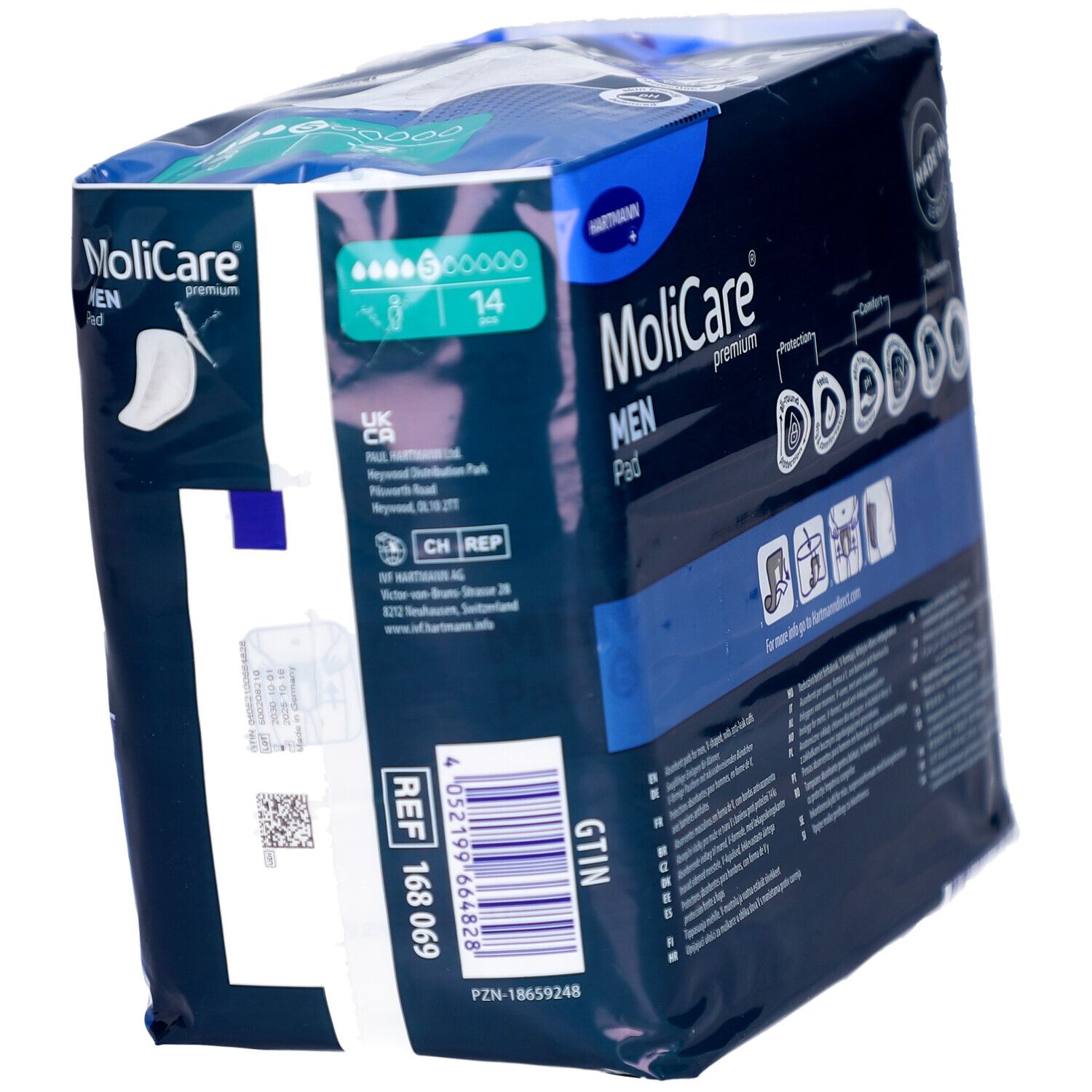 Paquet Hartmann MoliCare Men Pad. Emballage bleu avec nom, logo et code-barres. 14 pièces.