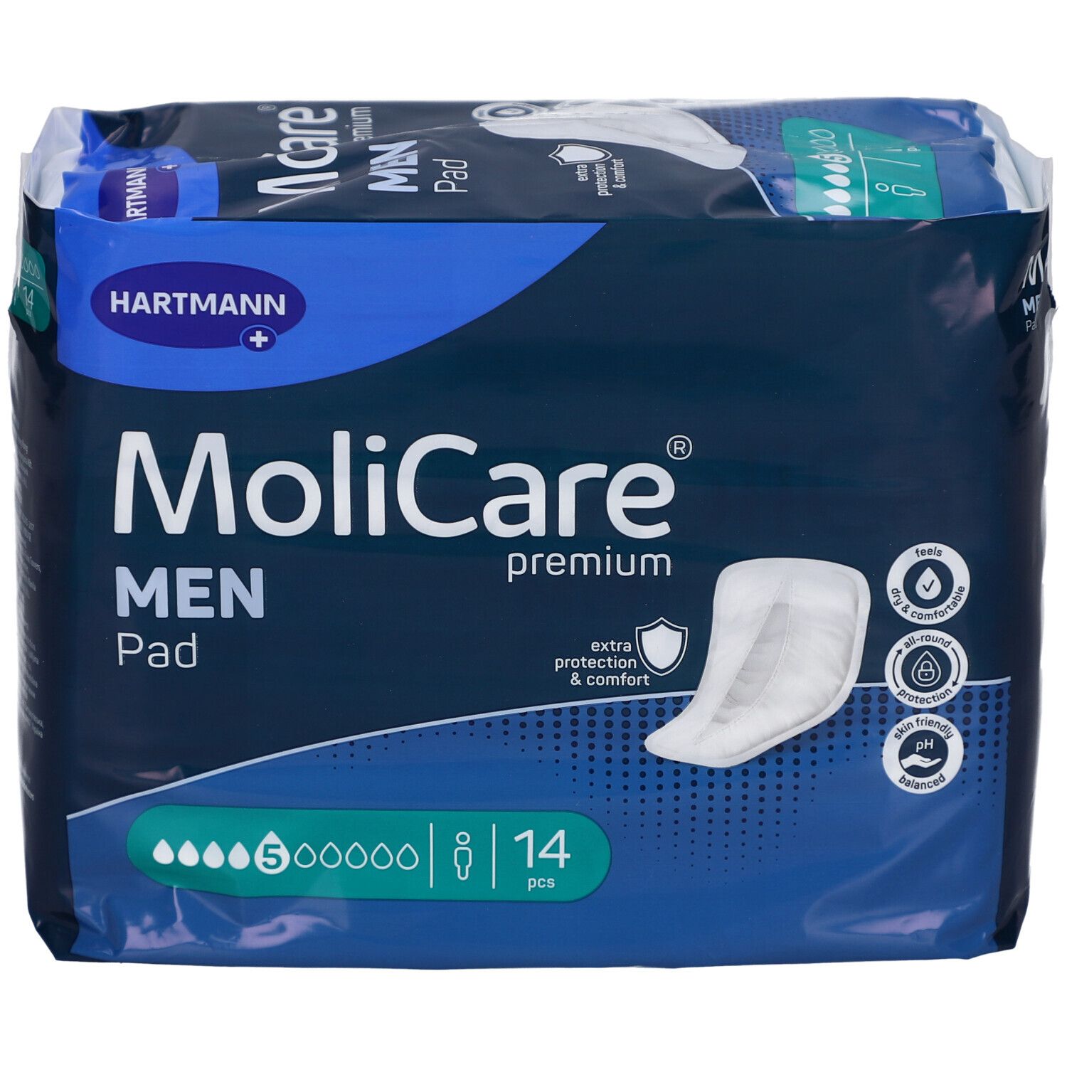 Paquet de Hartmann MoliCare Men Pad. Emballage bleu avec nom du produit, logo et illustration. 14 pièces.
