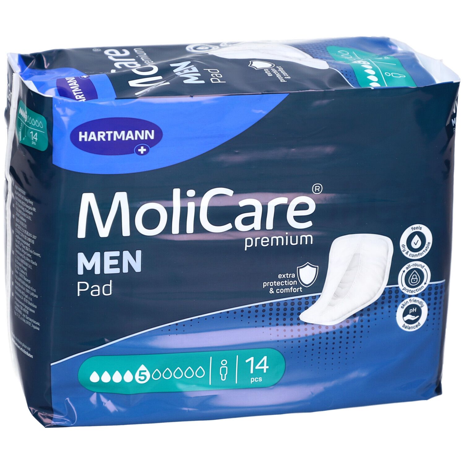 Paquet Hartmann MoliCare Men Pad. Emballage bleu avec nom, logo et illustration. 14 pièces.
