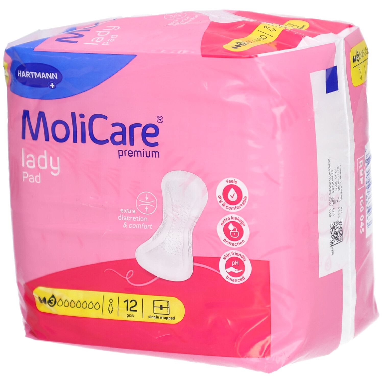 Rosa Verpackung von MoliCare lady Pad. 12 Stück, einzeln verpackt. Mit Logos und Produktmerkmalen.