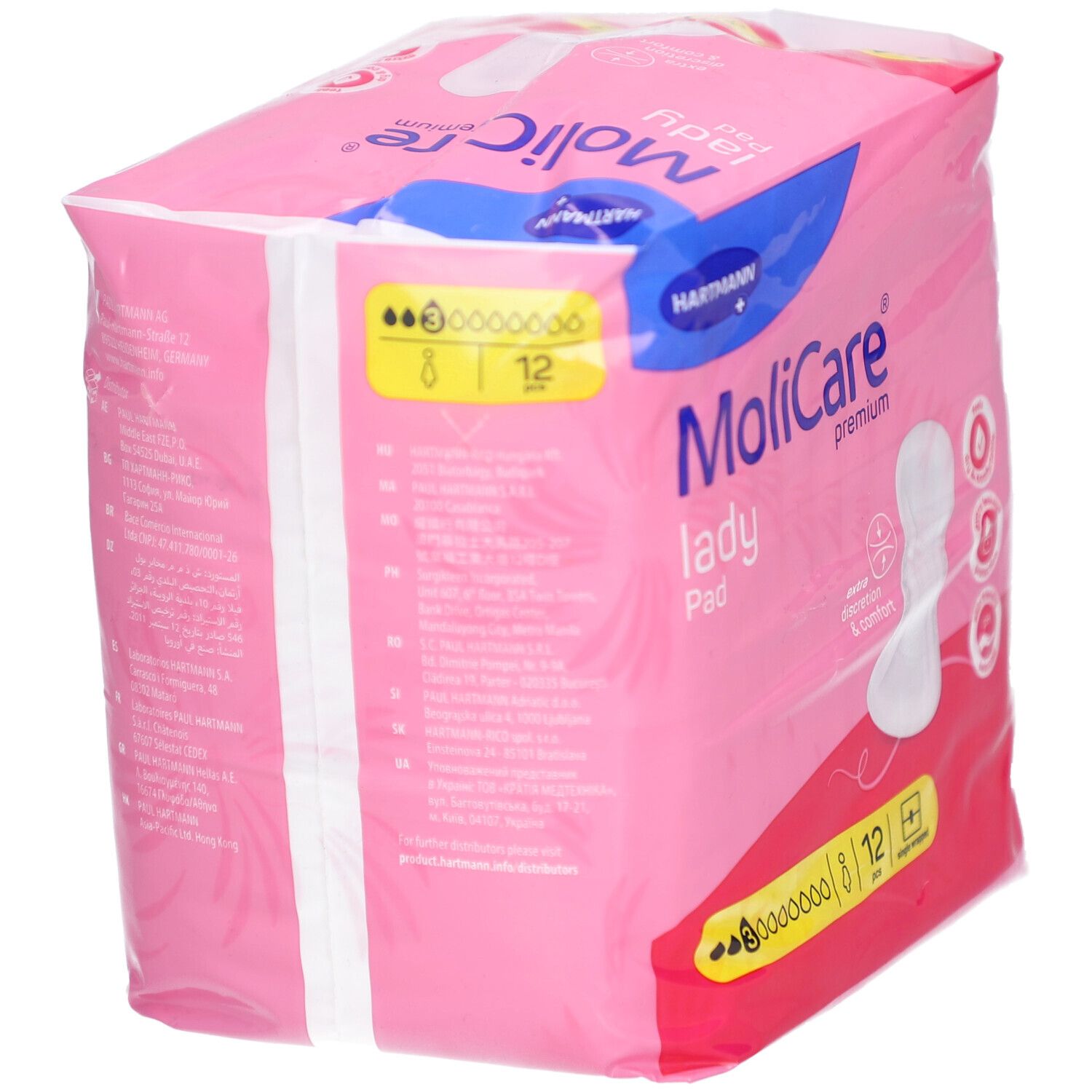 Rosa Verpackung von MoliCare lady Pad. 12 Stück. Produktmerkmale und Logos sind sichtbar.