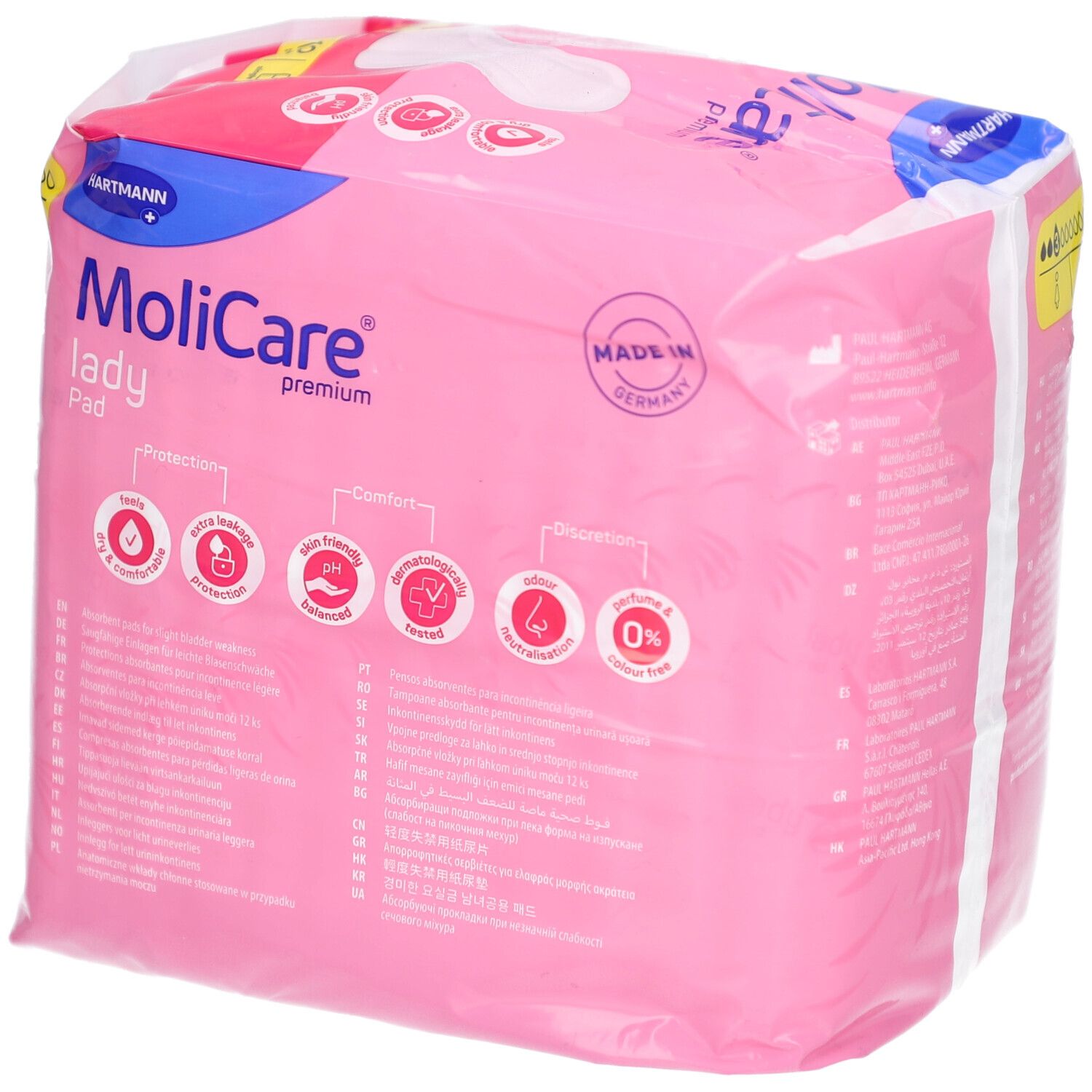 Rosa Verpackung von MoliCare lady Pad. Produktmerkmale und Logos sind sichtbar. Hergestellt in Deutschland.