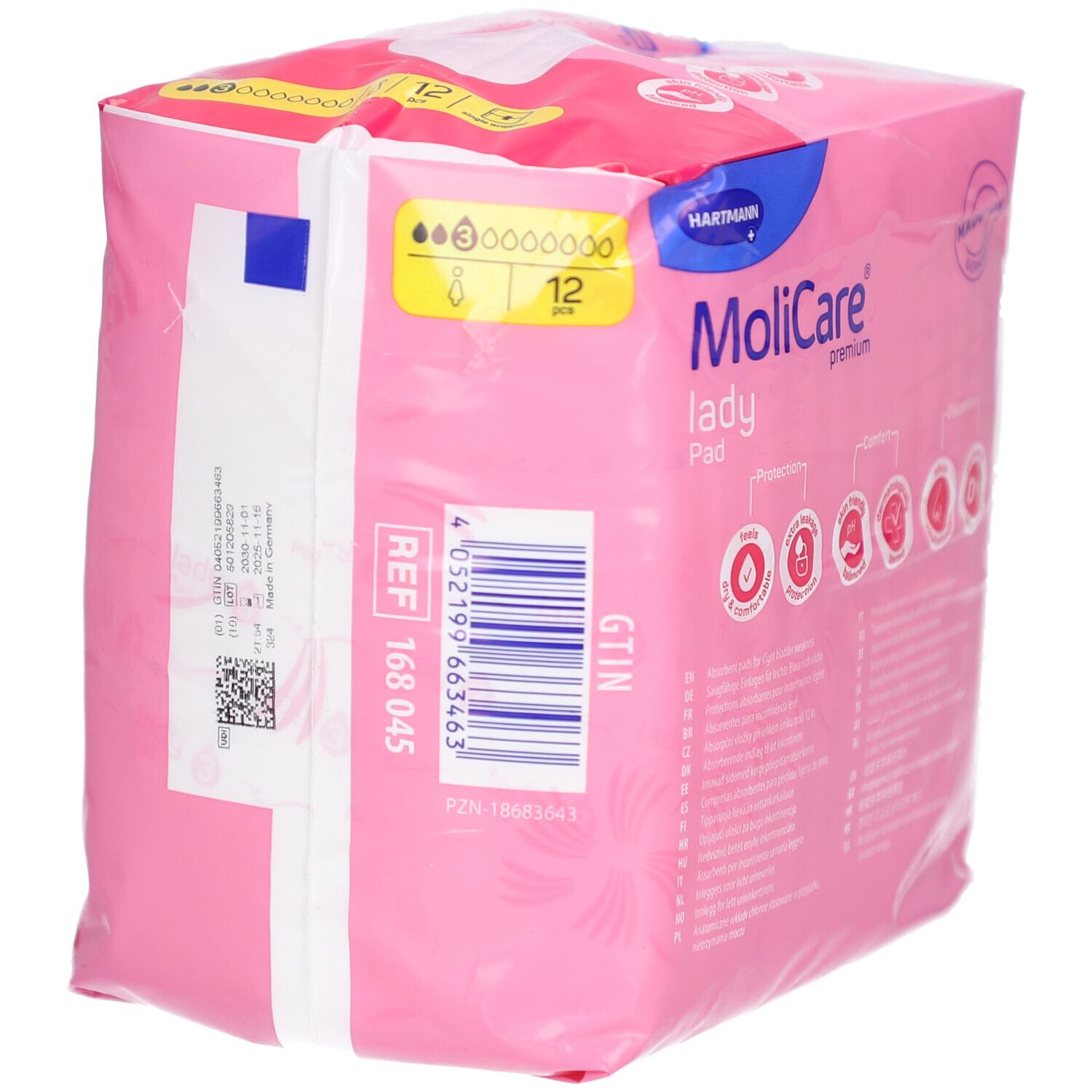 Rosa Verpackung von MoliCare lady Pad. 12 Stück. Produktinformationen und Barcode sind sichtbar.