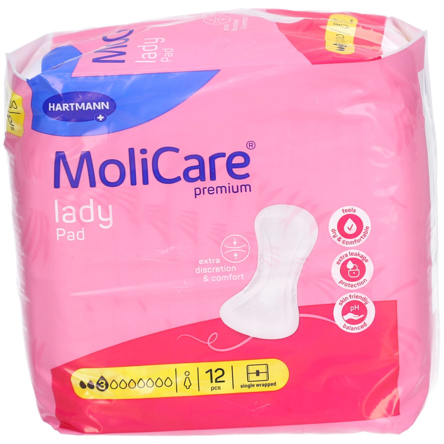Rosa Verpackung von MoliCare lady Pad. 12 Stück, einzeln verpackt. Produktmerkmale und Logos sind sichtbar.