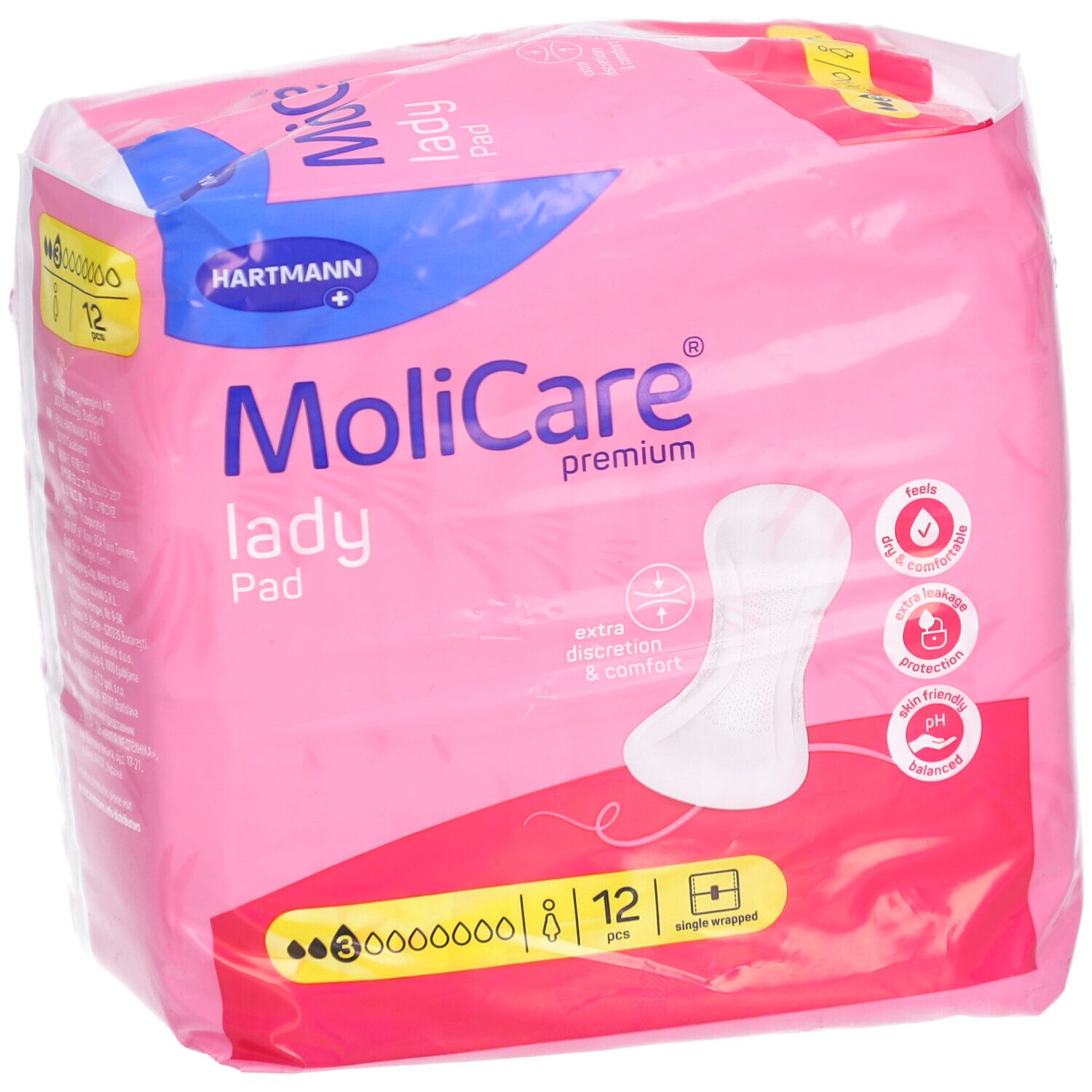 Rosa Verpackung von MoliCare lady Pad. 12 Stück, einzeln verpackt. Produktmerkmale und Logos sind sichtbar.