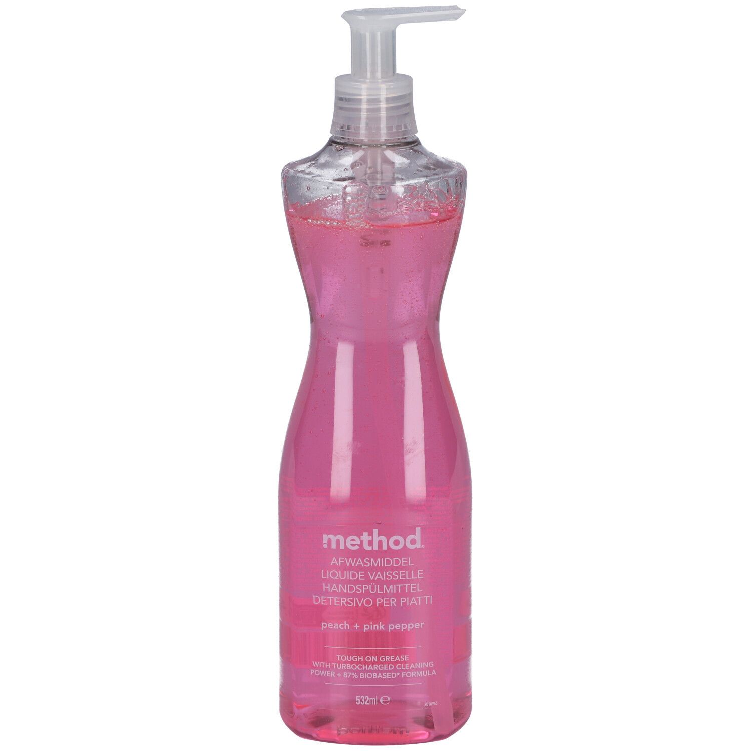 Savon liquide rose en flacon avec pompe. Inscription : METHOD Handspülmittel peach + pink pepp.