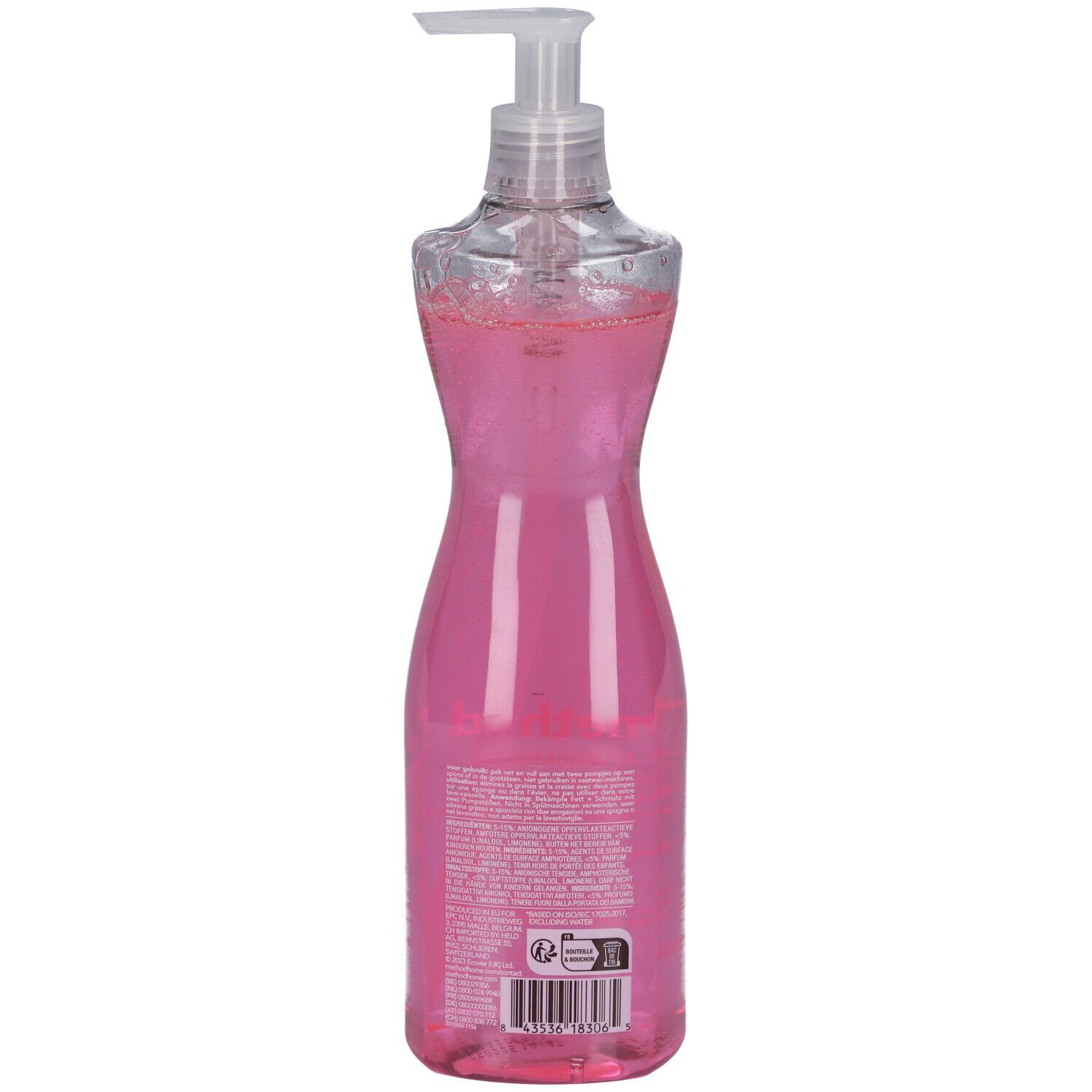 Vue arrière d'un flacon de savon liquide rose avec pompe. Texte au dos.