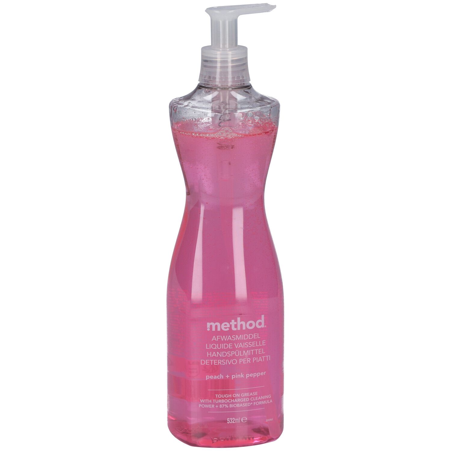 Savon liquide rose en flacon avec pompe. Inscription : METHOD Handspülmittel peach + pink pepp.