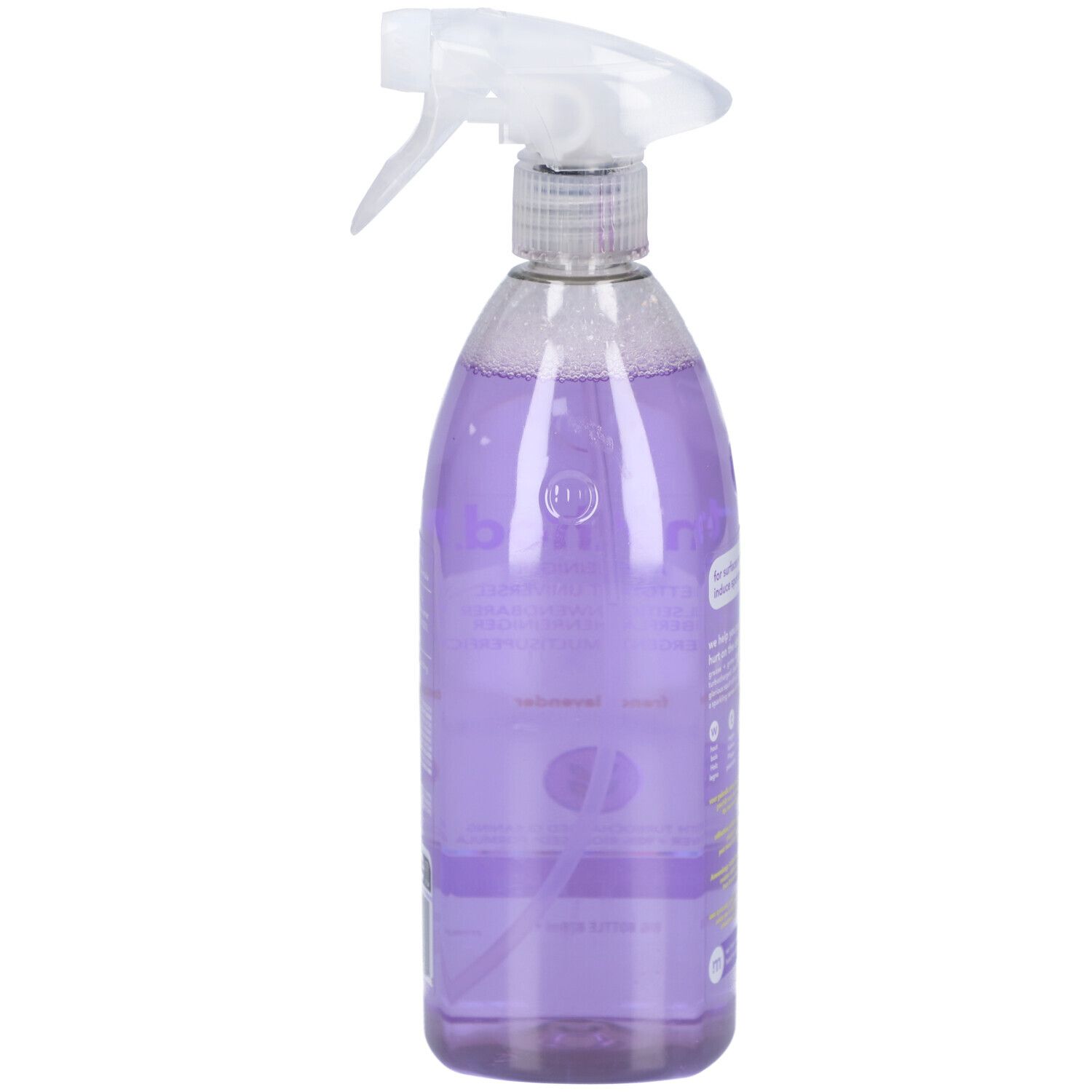 Flasche mit Sprühkopf, gefüllt mit lila Flüssigkeit. Aufschrift: method Allzweckreiniger, French Lavender. Schneidet Fett und Schmutz.
