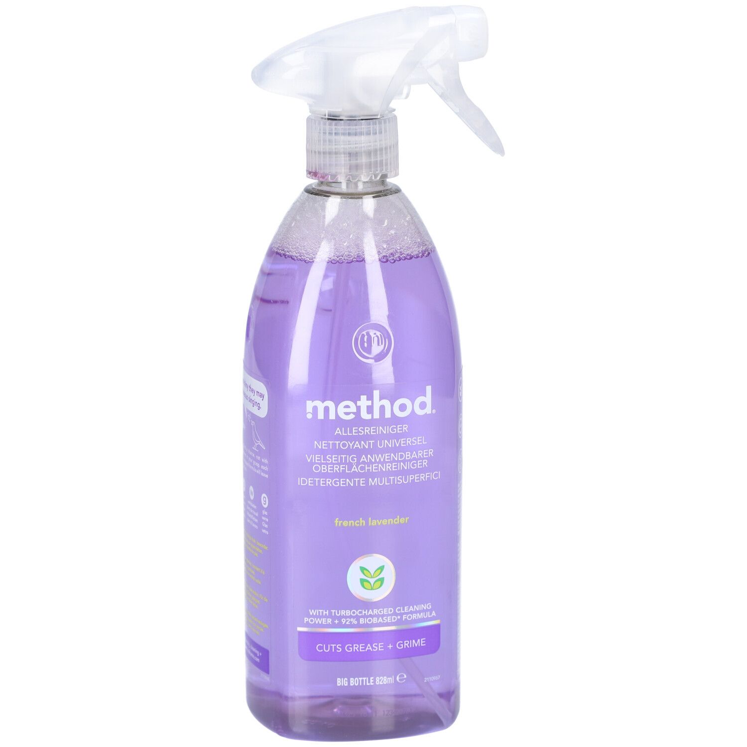 Flasche mit Sprühkopf, gefüllt mit lila Flüssigkeit. Aufschrift: method Allzweckreiniger, French Lavender. Schneidet Fett und Schmutz.