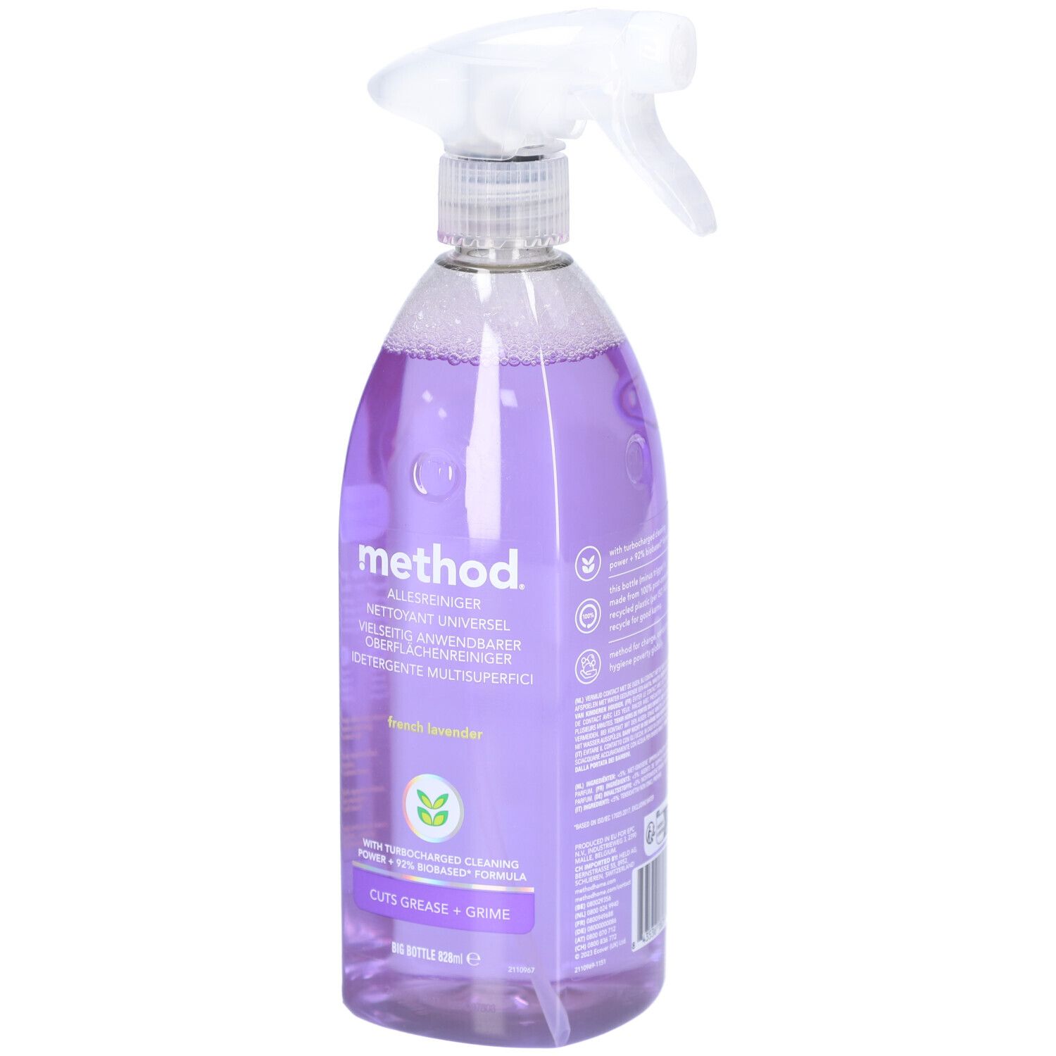 Flasche mit Sprühkopf, gefüllt mit lila Flüssigkeit. Aufschrift: method Allzweckreiniger, French Lavender. Schneidet Fett und Schmutz.