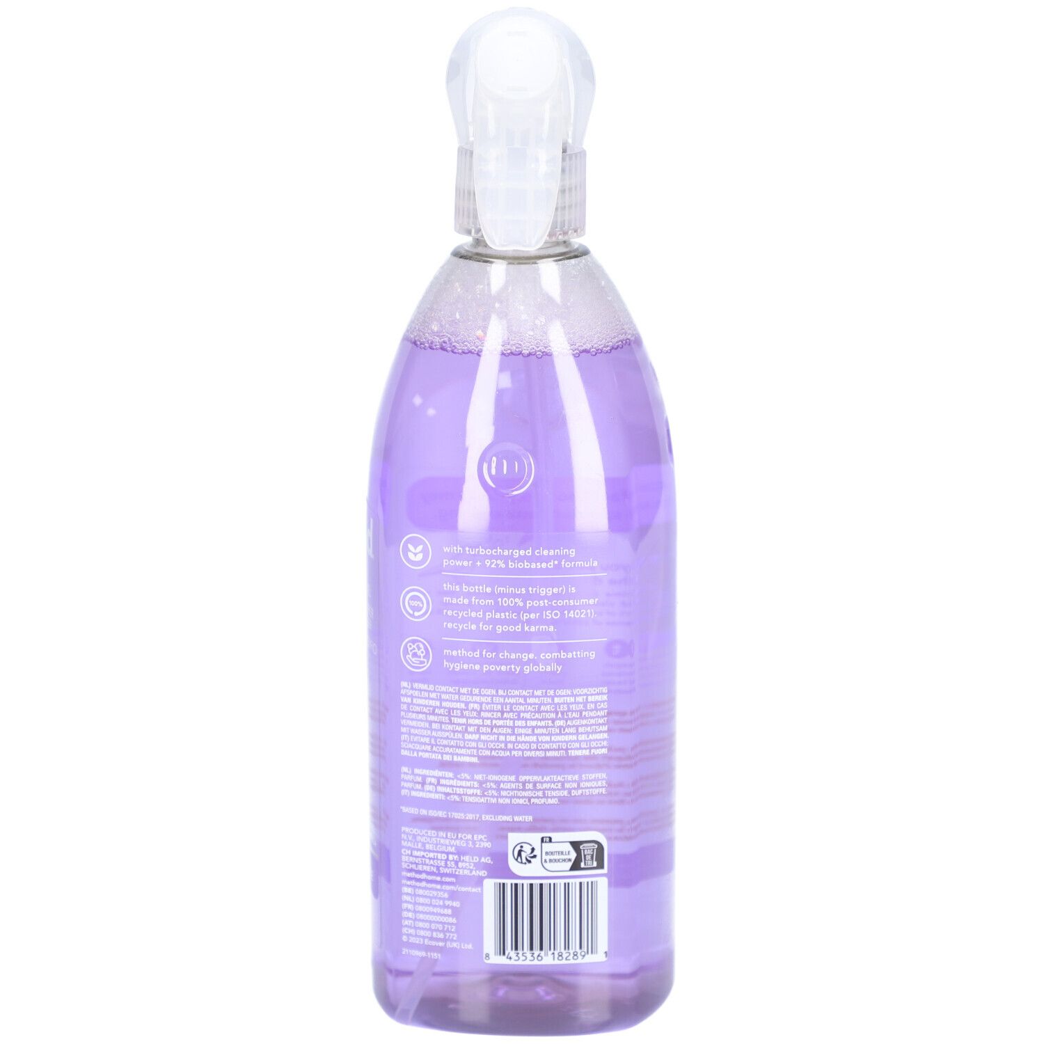 Rückseite einer Flasche mit Sprühkopf. Lila Flüssigkeit sichtbar. Text: für Oberflächen, die so glänzend sind, dass sie spontan singen.