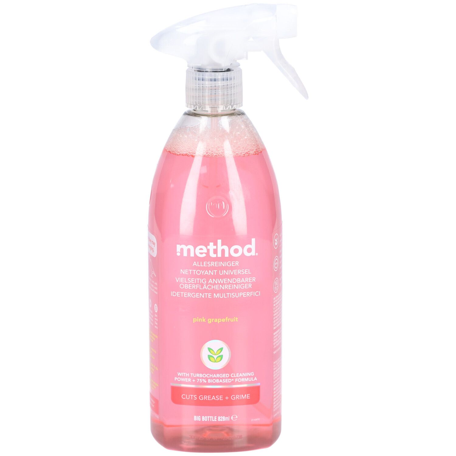 Pinkfarbener Sprühreiniger mit Sprühkopf. Aufschrift: method, Pink Grapefruit. Flasche mit Flüssigkeit gefüllt.