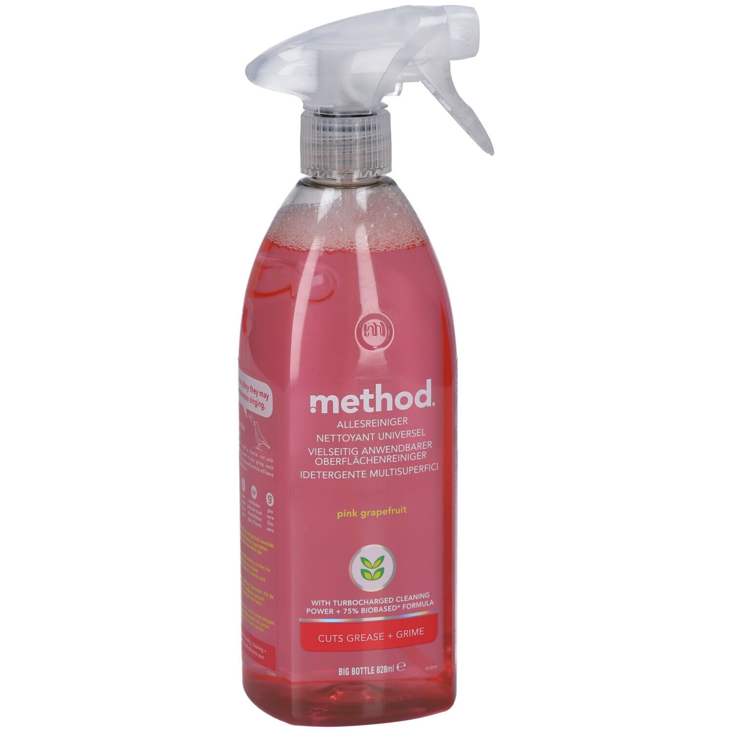 Pinkfarbener Sprühreiniger mit Sprühkopf. Aufschrift: method, Pink Grapefruit. Flasche mit Flüssigkeit gefüllt.
