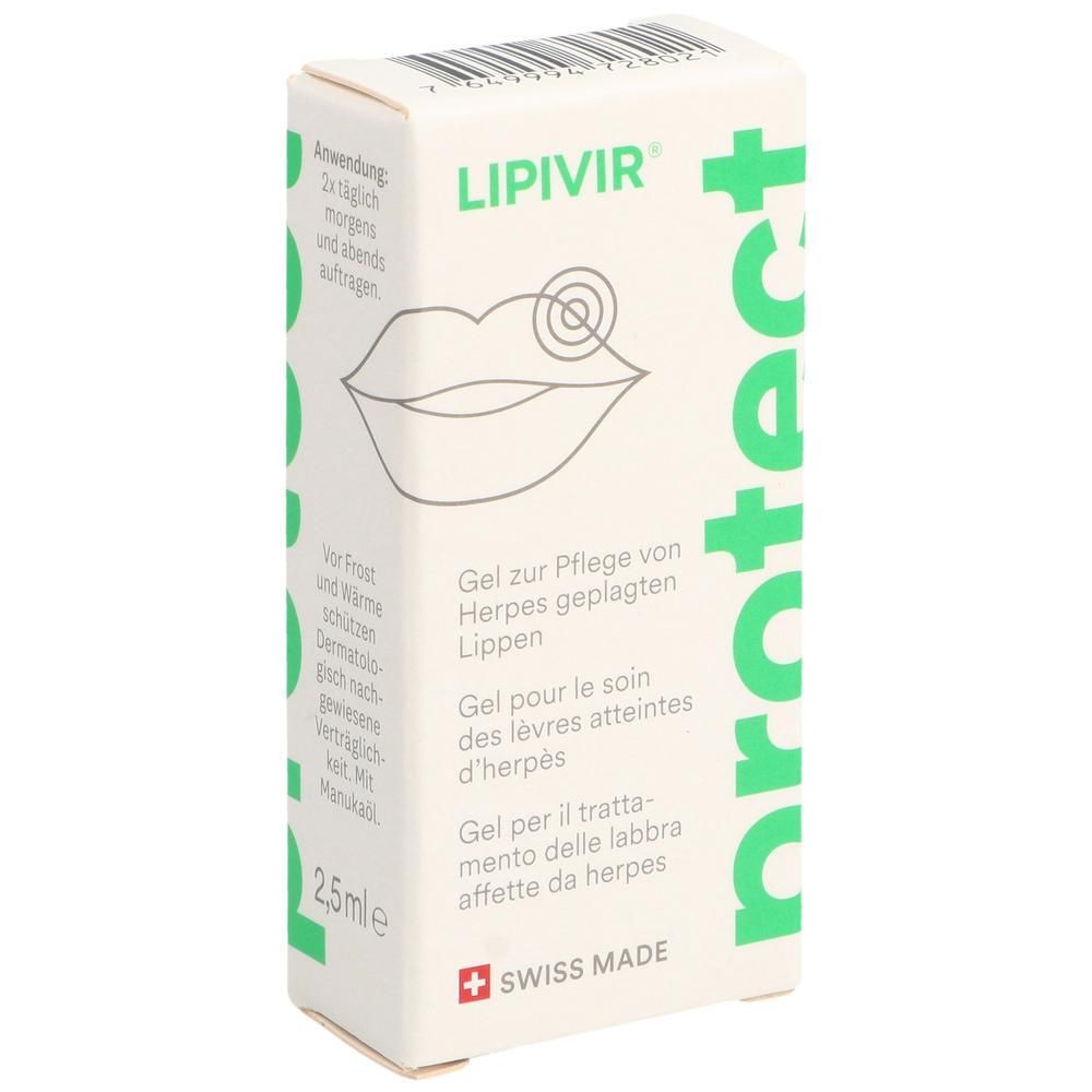 LIPIVIR Protect Herpes-Lippengel Schachtel mit Lippen-Illustration und Text.