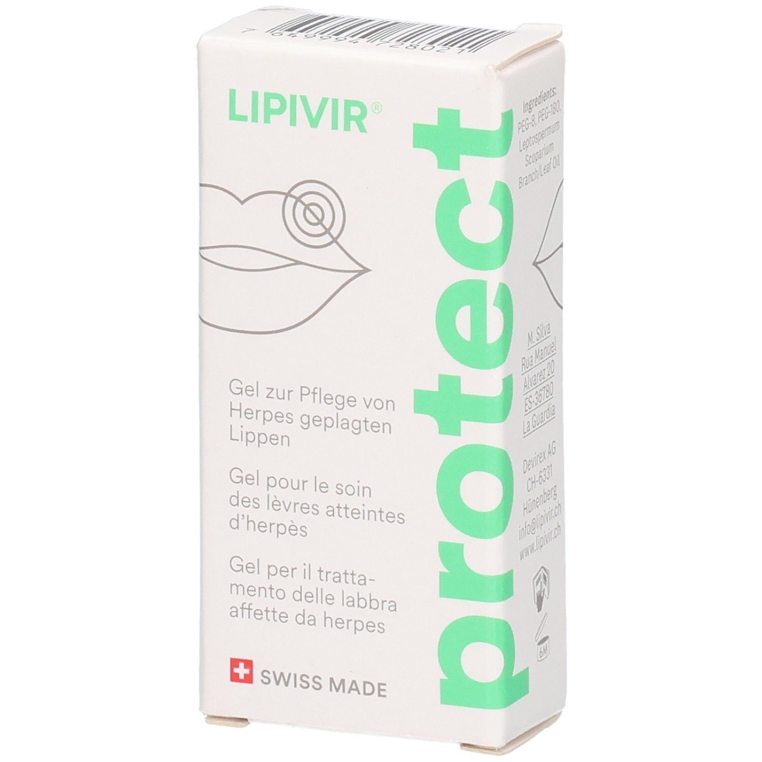 LIPIVIR Protect Herpes-Lippengel Schachtel mit Lippen-Illustration und Text.