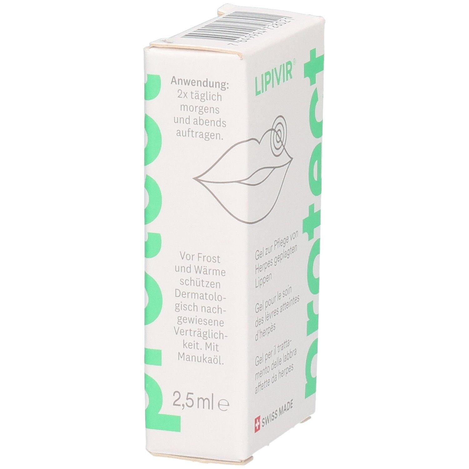 LIPIVIR Protect Herpes-Lippengel Schachtel mit Lippen-Illustration und Text.