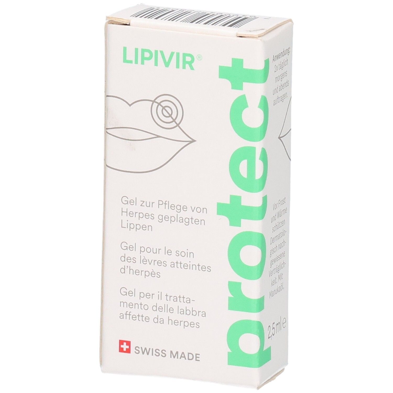LIPIVIR Protect Herpes-Lippengel Schachtel mit Lippen-Illustration und Text.