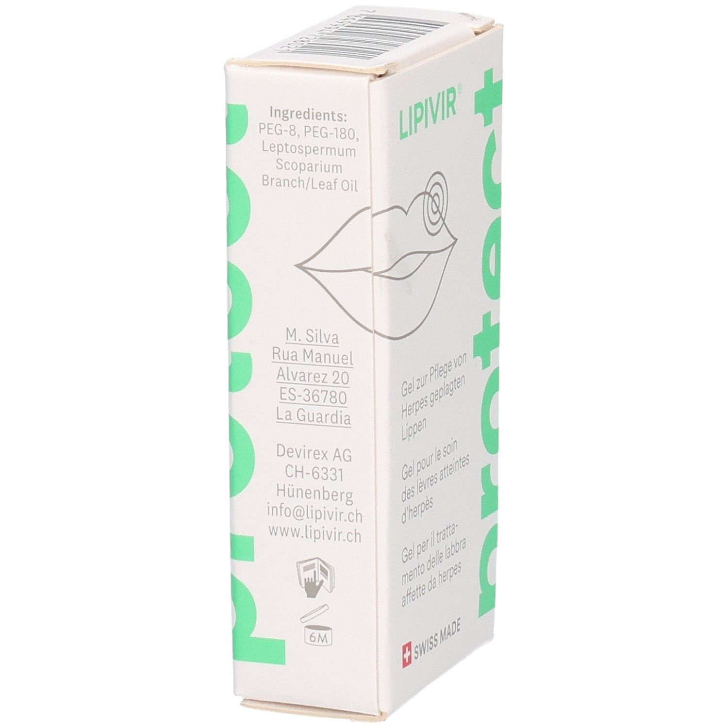 LIPIVIR Protect Herpes-Lippengel Schachtel mit Lippen-Illustration und Text.