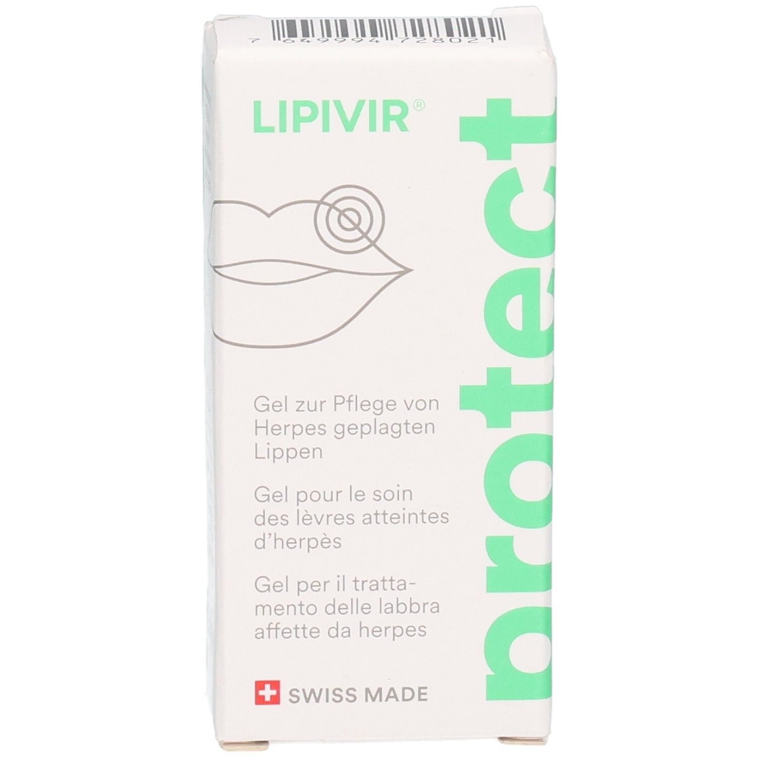 LIPIVIR Protect Herpes-Lippengel Schachtel mit Lippen-Illustration und Text.