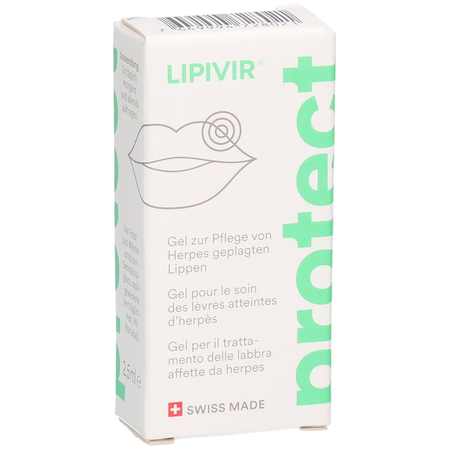 LIPIVIR Protect Herpes-Lippengel Schachtel mit Lippen-Illustration und Text.
