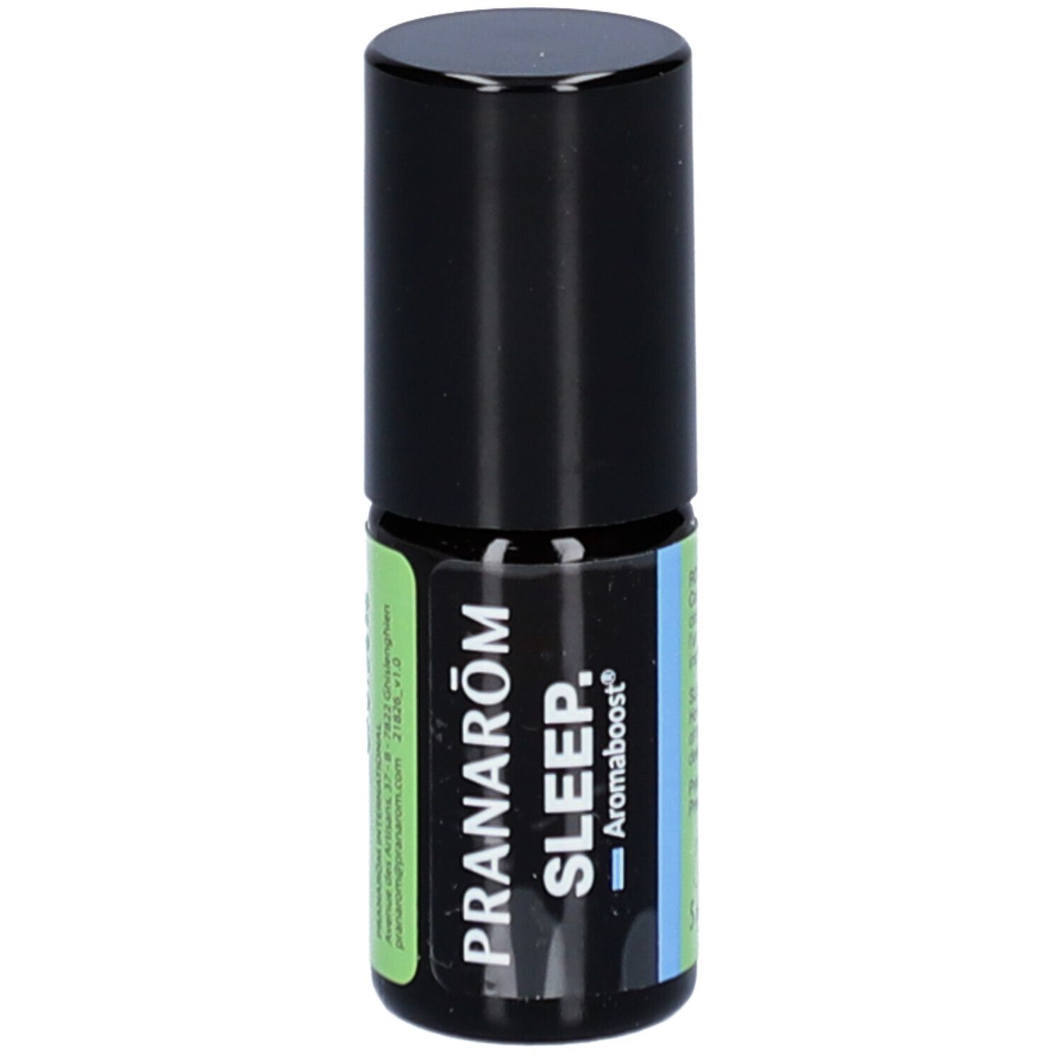 Roll-on-Flasche mit schwarzem Deckel. Aufschrift PRANAROM SLEEP Aromaboost. Grüne und blaue Akzente.