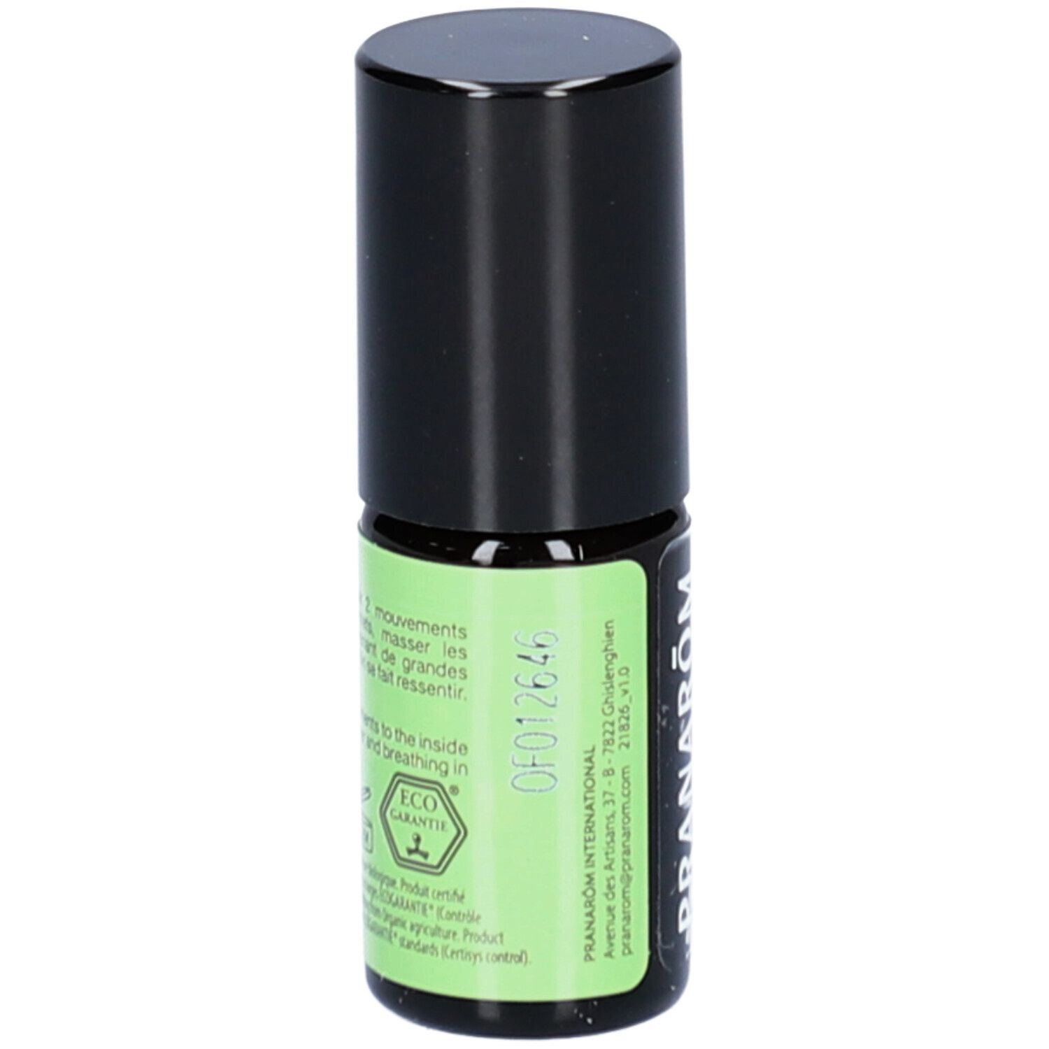 Roll-on-Flasche mit schwarzem Deckel. Aufschrift PRANAROM. Grünes Etikett mit Text und Logo.