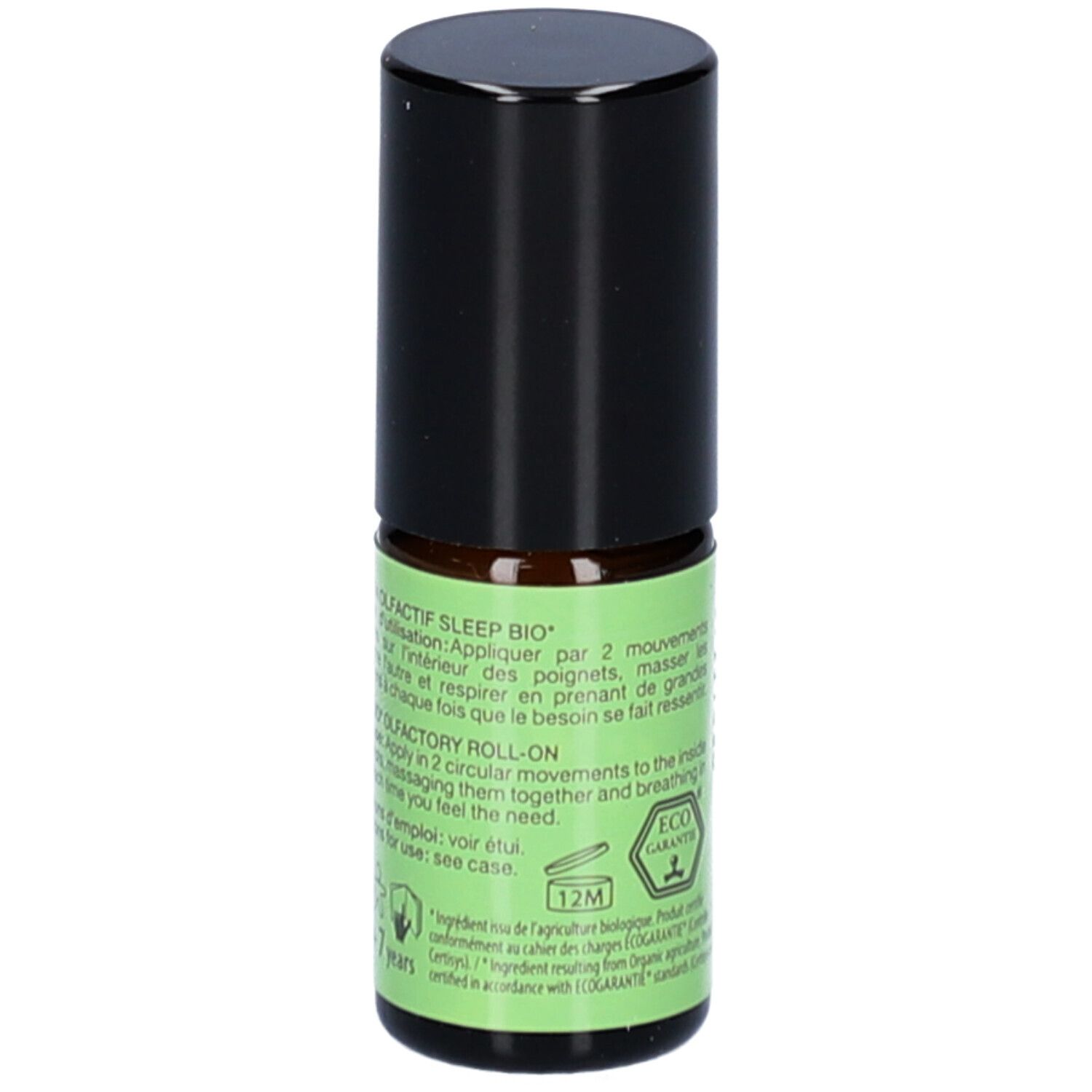 Roll-on-Flasche mit schwarzem Deckel. Grünes Etikett mit Text. ECO Garantie-Logo und 12M-Symbol.