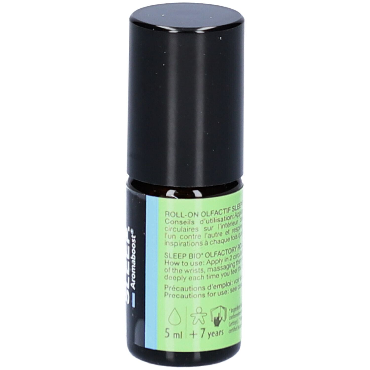 Roll-on-Flasche mit schwarzem Deckel. Aufschrift SLEEP Aromaboost. 5 ml und +7 Jahre.