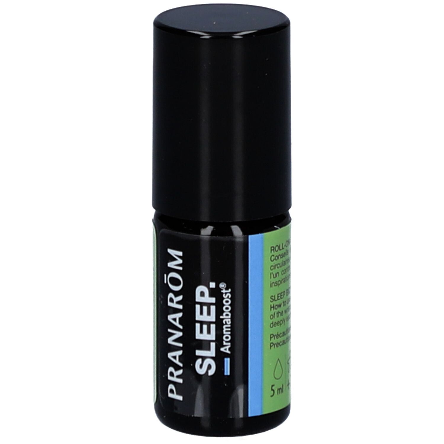 Roll-on-Flasche mit schwarzem Deckel. Aufschrift PRANAROM SLEEP Aromaboost. 5 ml.