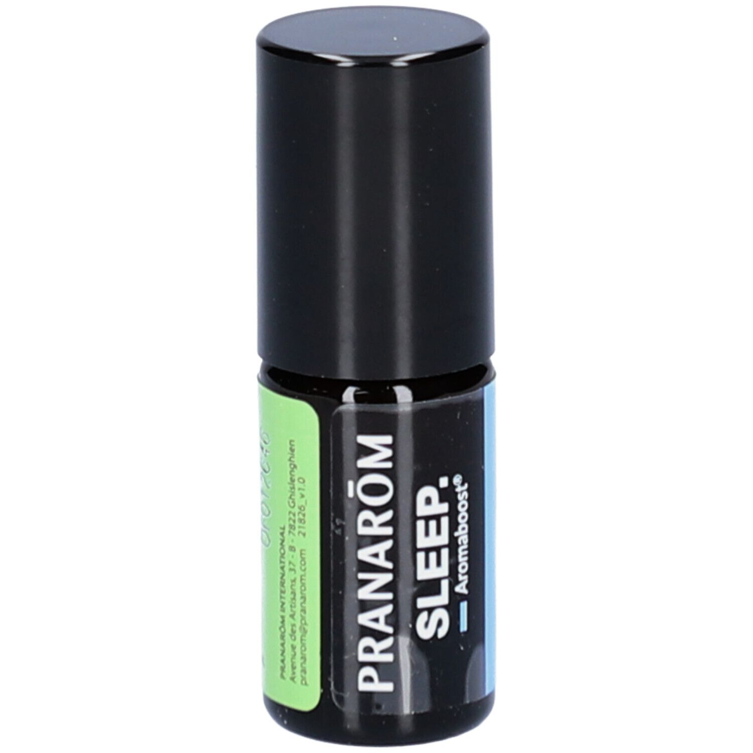 Roll-on-Flasche mit schwarzem Deckel. Aufschrift PRANAROM SLEEP Aromaboost. Grünes Etikett.