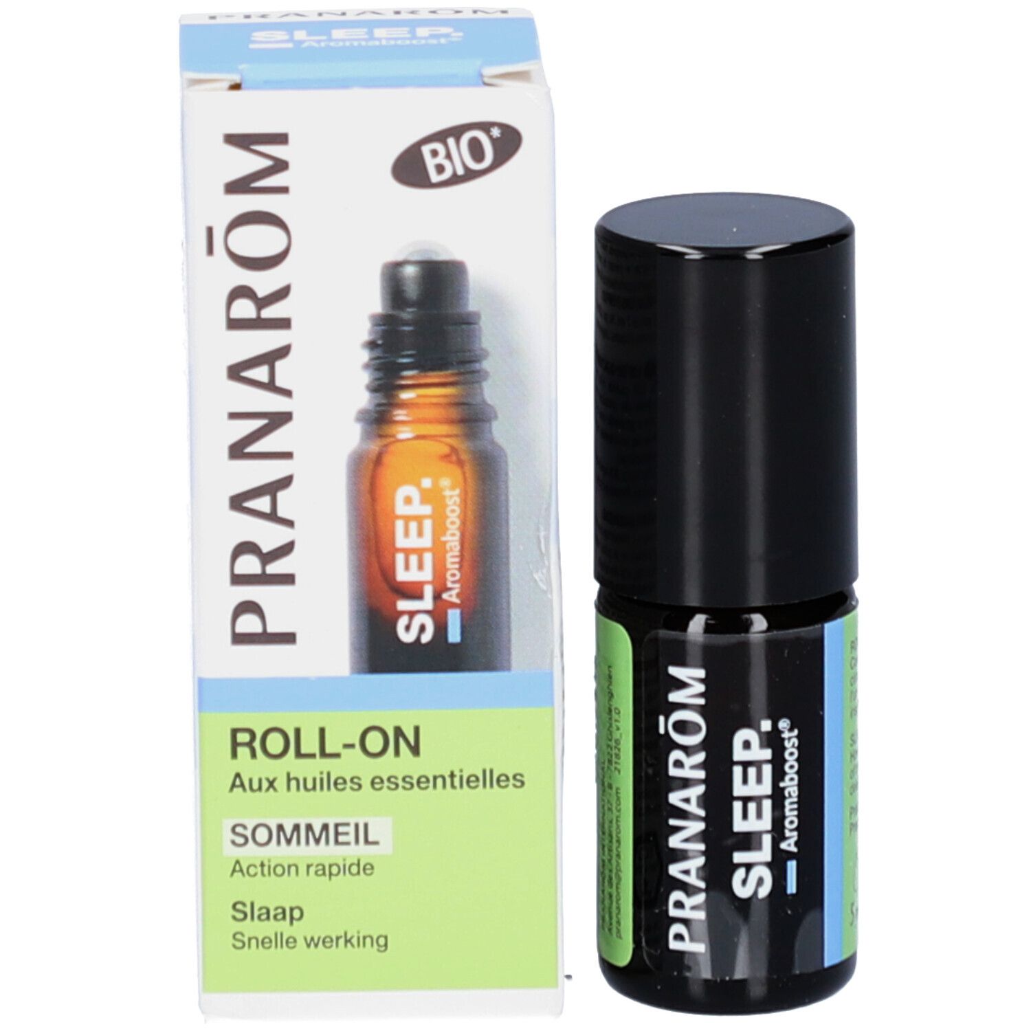 Produktverpackung und Roll-on-Flasche. Verpackung mit Aufschrift PRANAROM ROLL-ON. Flasche mit schwarzem Deckel.
