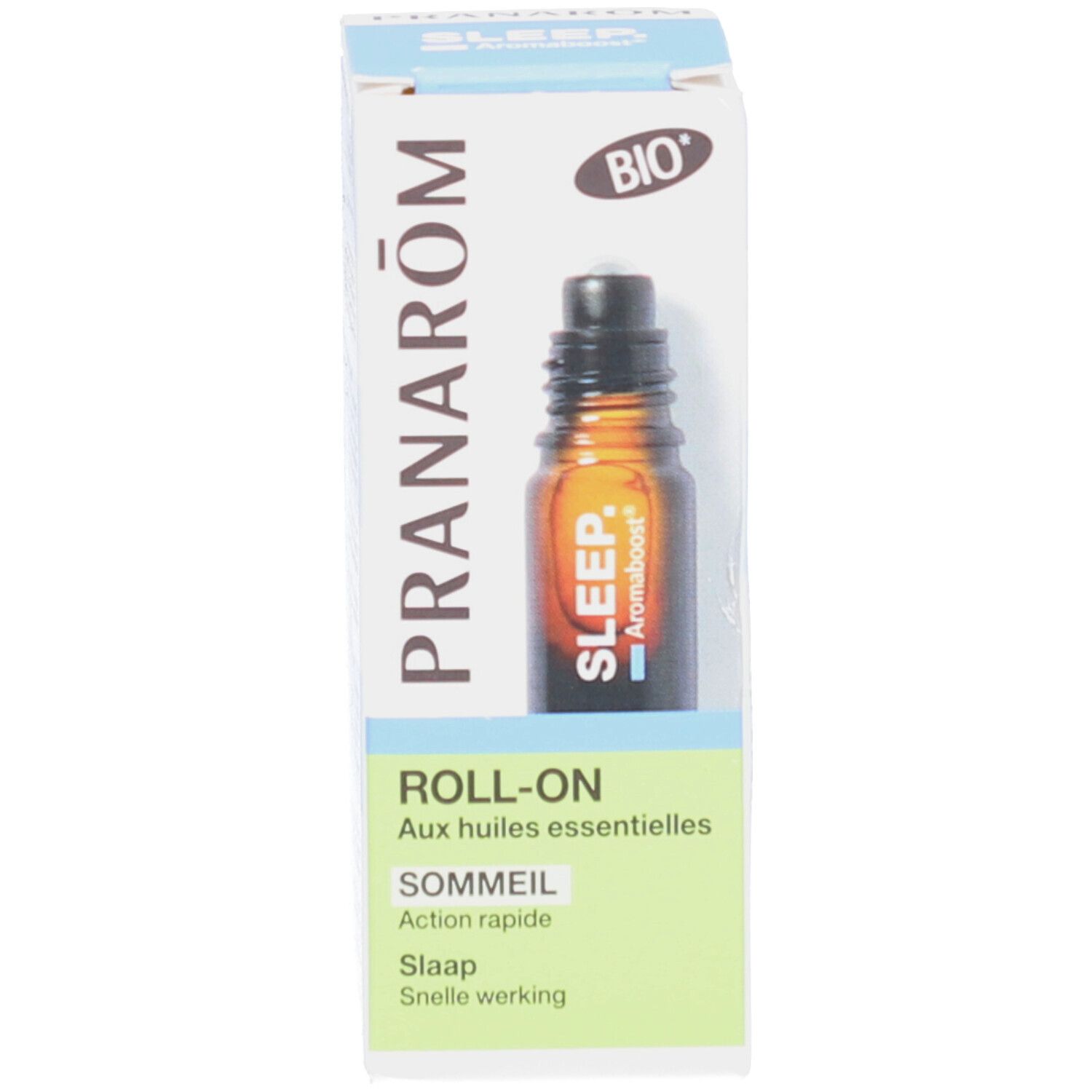 Produktverpackung und Roll-on-Flasche. Verpackung mit Aufschrift PRANAROM ROLL-ON. Flasche mit braunem Inhalt.