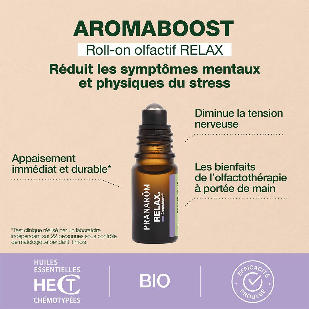 Roll-on-Flasche mit Text: AROMABOOST, RELAX. Reduziert Stresssymptome. Bio-Zertifizierung. HECT-Qualität.