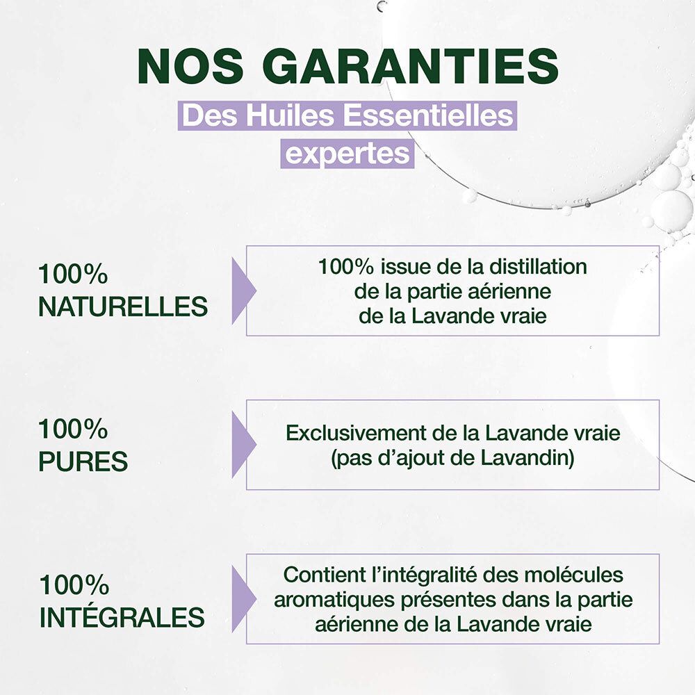 Grafik mit Garantien: 100% natürlich, 100% rein, 100% integral. Hergestellt aus Lavendel.