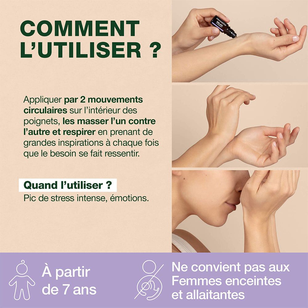 Anwendungshinweise: Auf Handgelenke auftragen, massieren und tief einatmen. Nicht für Schwangere und Kinder unter 7 Jahren.