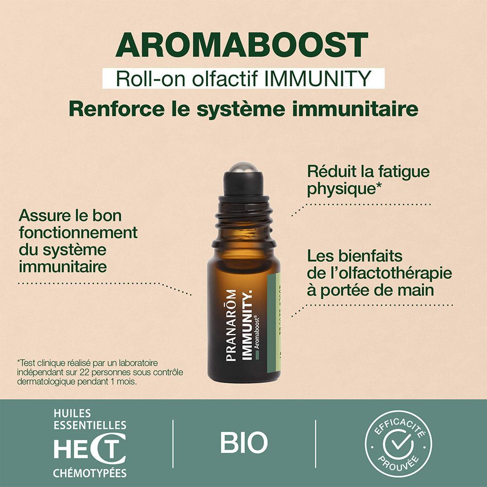 Roll-on-Flasche mit braunem Inhalt und schwarzem Deckel. Text: Aromaboost, Immunität. BIO-Siegel.