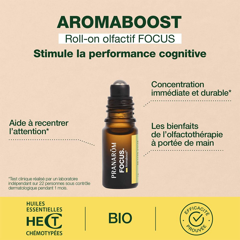 Braune Roll-on-Flasche. Text: AROMABOOST, Roll-on olfactive FOCUS. Fördert die kognitive Leistung. Bio-Zertifizierung.