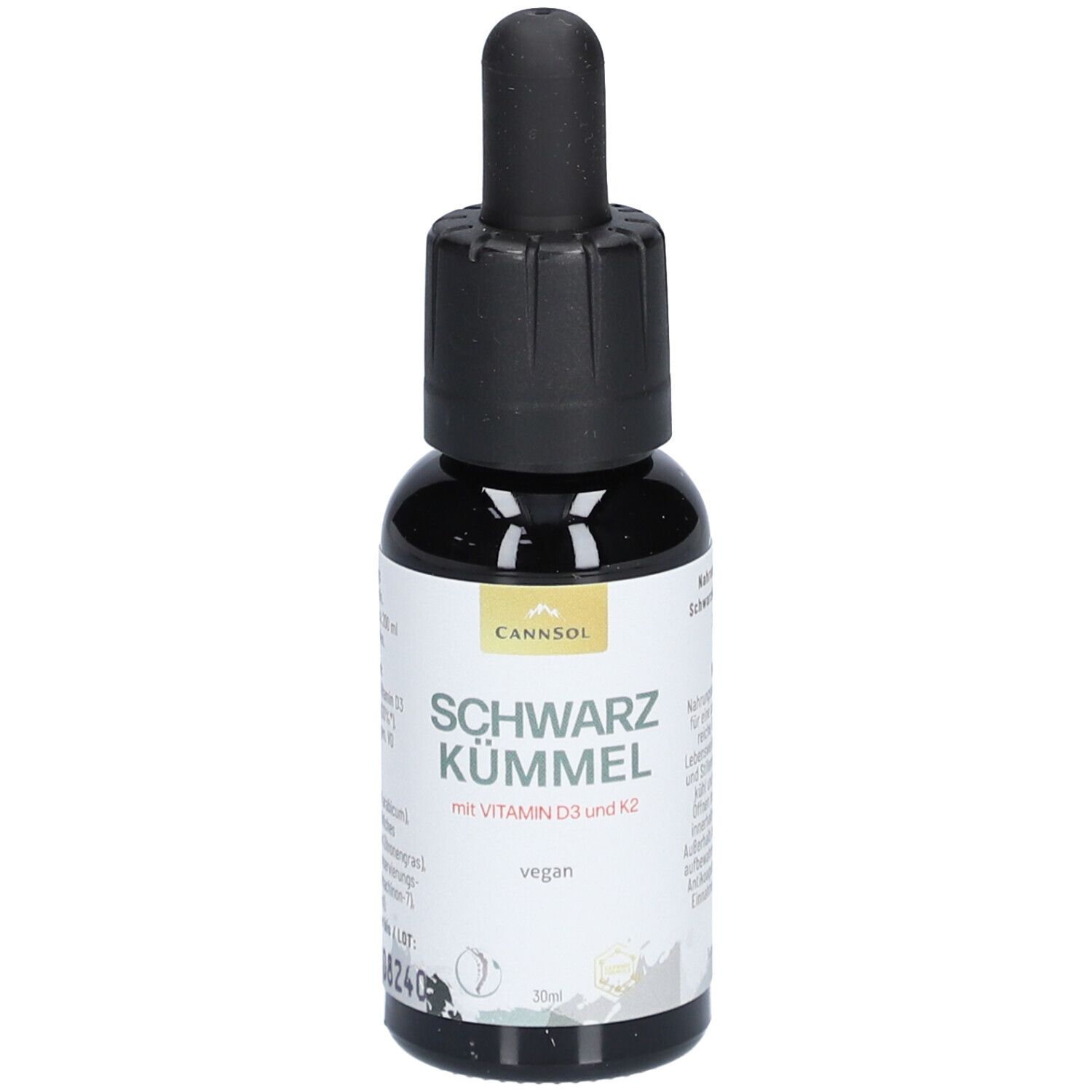 Flacon en verre brun avec compte-gouttes noir. Inscription : CANNSOL, Schwarzkümmel avec vitamine D3 et K2. Vegan.