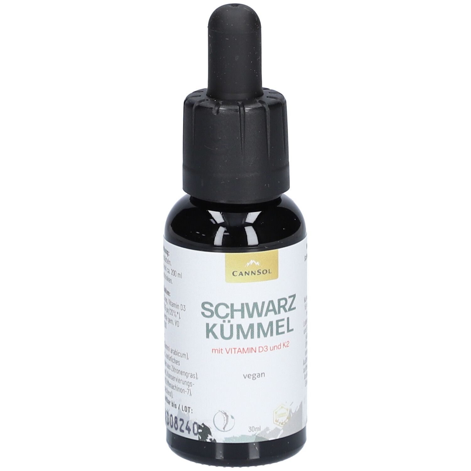 Flacon en verre brun avec compte-gouttes noir. Inscription : CANNSOL, Schwarzkümmel avec vitamine D3 et K2. Vegan.