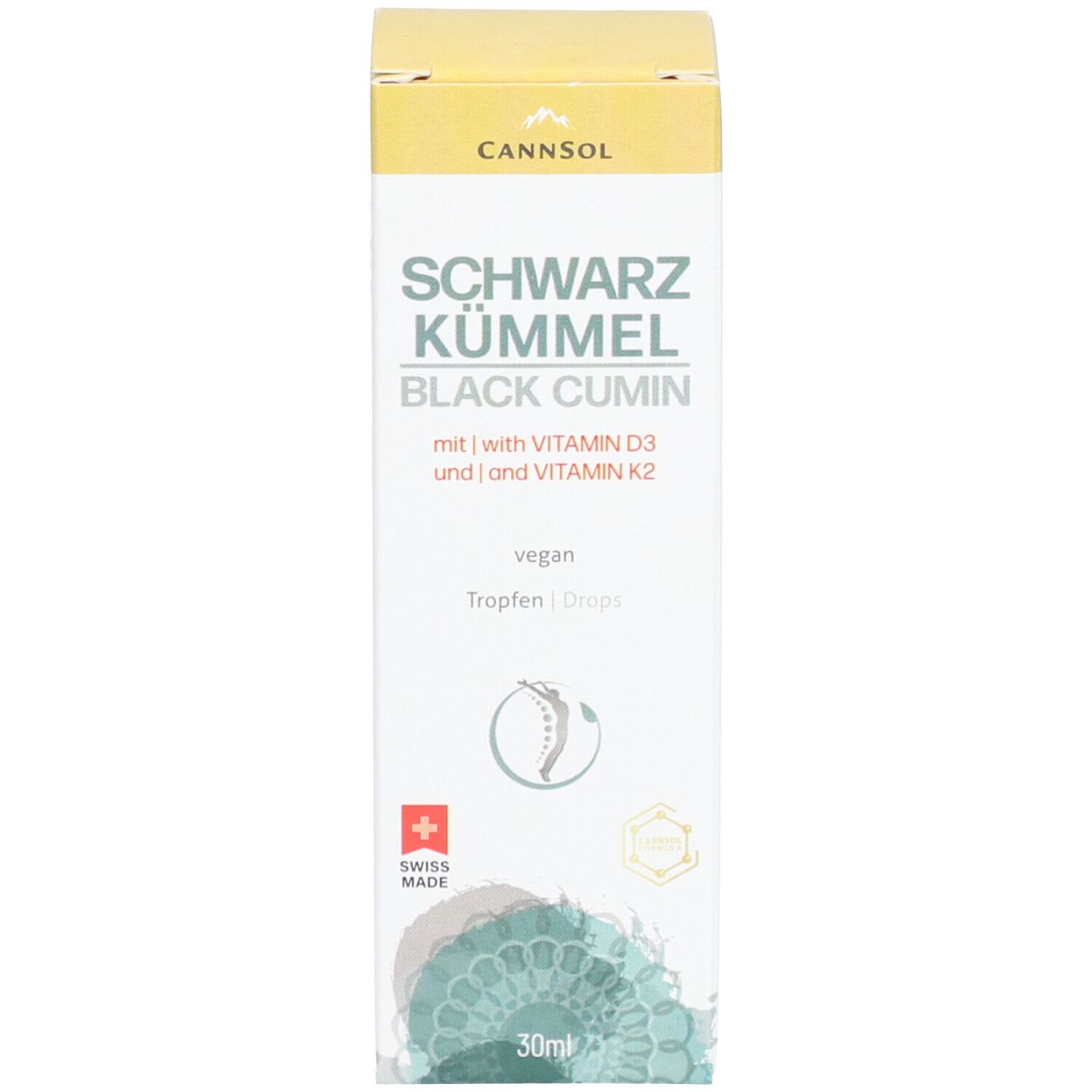 Boîte avec inscription : CANNSOL, Schwarzkümmel, Black Cumin, avec vitamine D3 et K2. Vegan. Avec croix suisse.